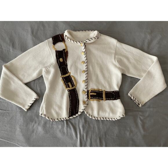 Vintage Cream Sweater with embroidered button front Buckle detail unsized - Picture 1 of 9